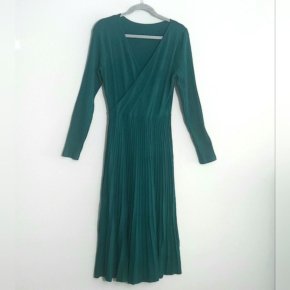 Emerald Green Long Sleeve Faux-Wrap Pleated Midi‎ Dress Size XL Feminine Classic